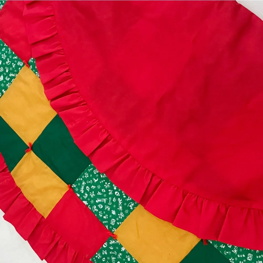 Vintage Handmade Patchwork Multicolor tree skirt with ruffle Red, Green, Gold